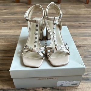 Marc Fisher Quilon Natural Sandals Studs Ankle Strap Block Heel